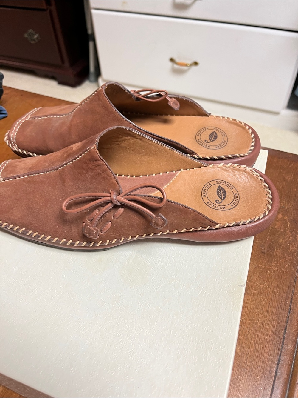 Nurture Brown Leather Slip-On women’s mules. - Picture 2 of 5
